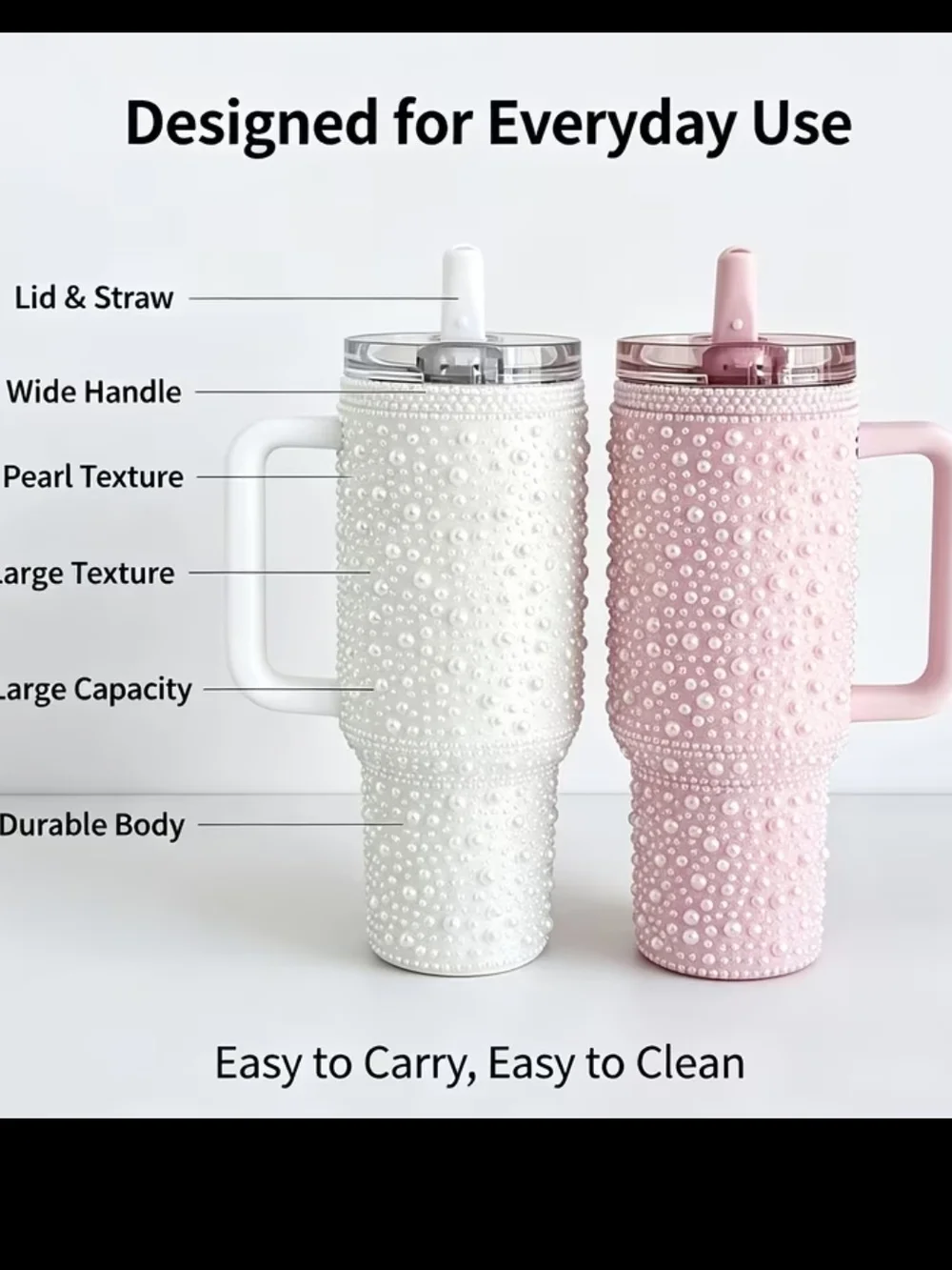 Pearl Rhinestone 40oz Tumbler with Handle - Pink and White